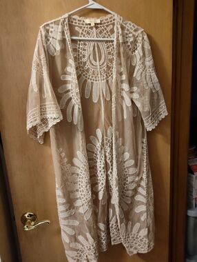 Rebellion Lace Kimono Cover-Up in Beige and White
